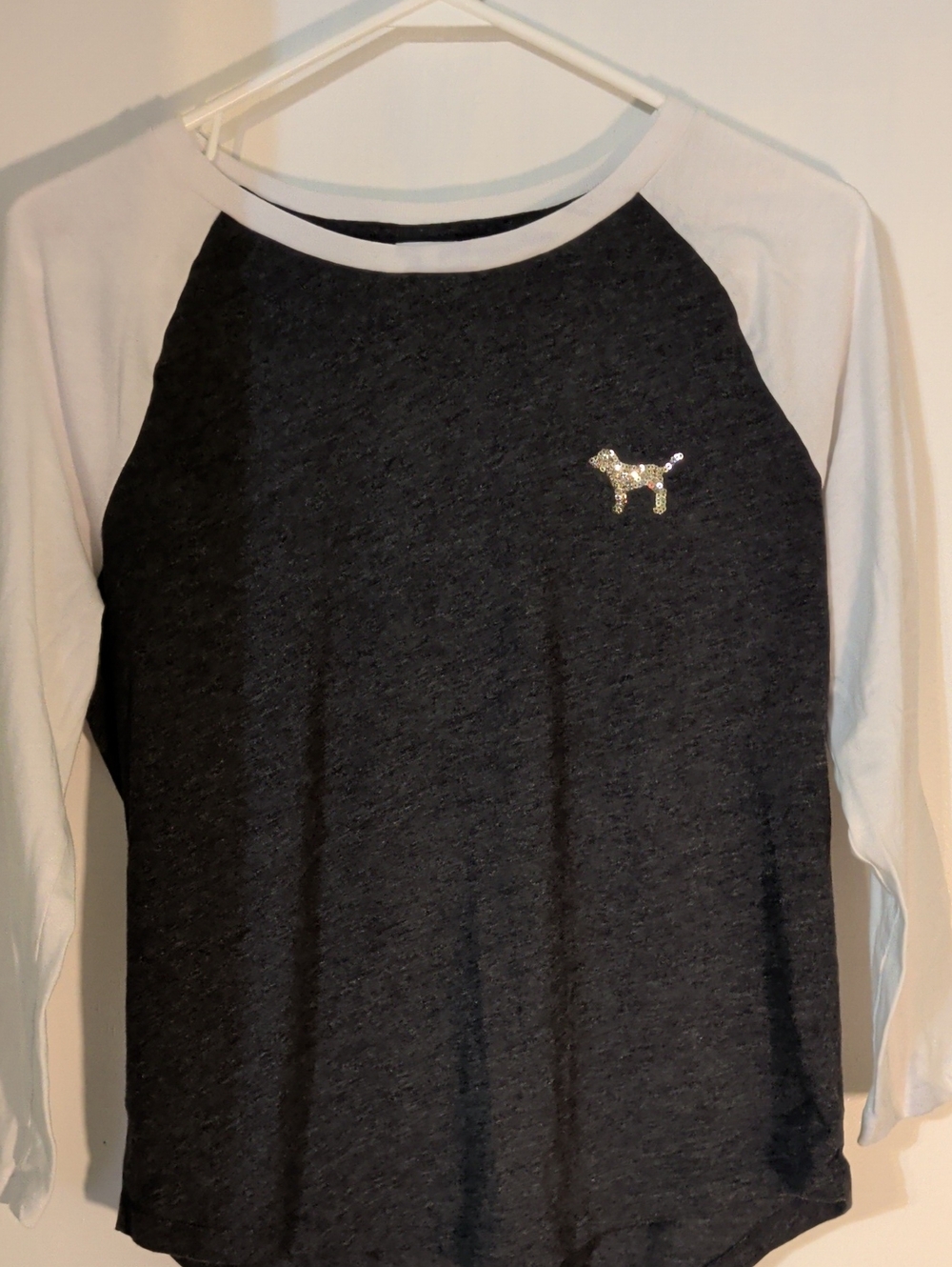 PINK Victoria's Secret Charcoal and White Raglan Tee